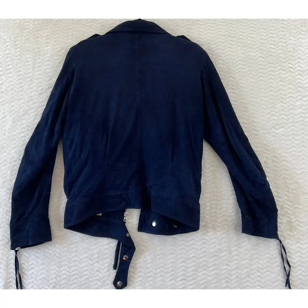 Martin Asbjorn Suede Leather Fringe Moto Biker Jacket Navy Blue Silver Sz Large - Picture 3 of 16
